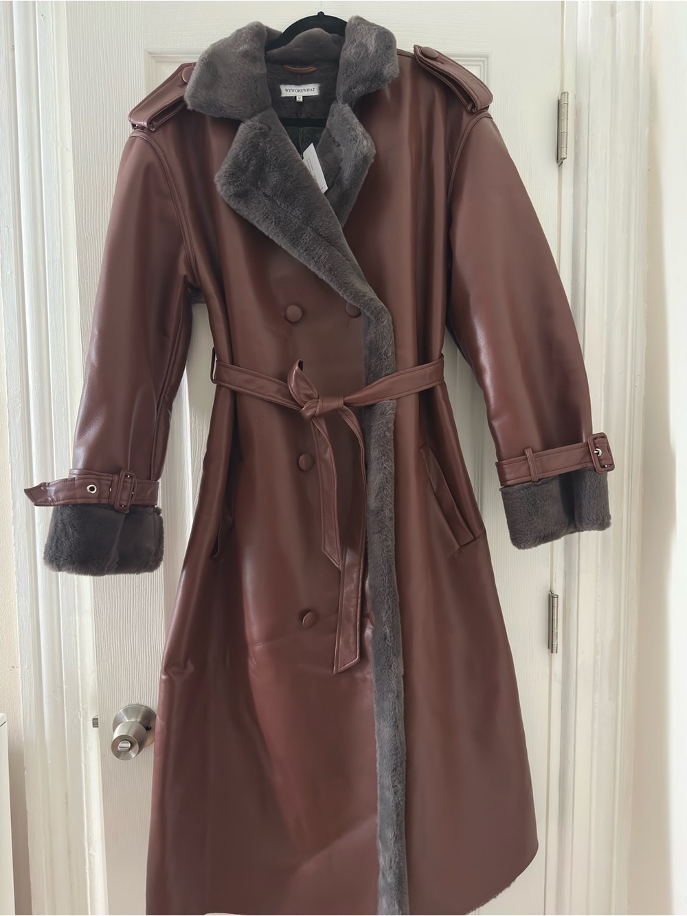 WeWoreWhat Brown Faux Leather Trench Coat with Gray Faux Fur Trim